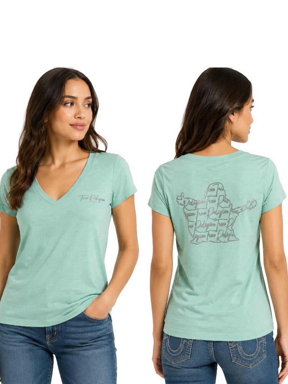 True Religion Buddha Graphic T Shirt M Mint Green V Neck Silver Logo NWT